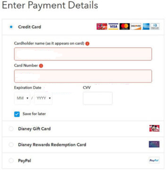 選擇Disney Store商品結帳方式，除了信用卡外，還有Disney Gift Card、Disney Reward Redemption Card、Paypal等支付方式供您選擇