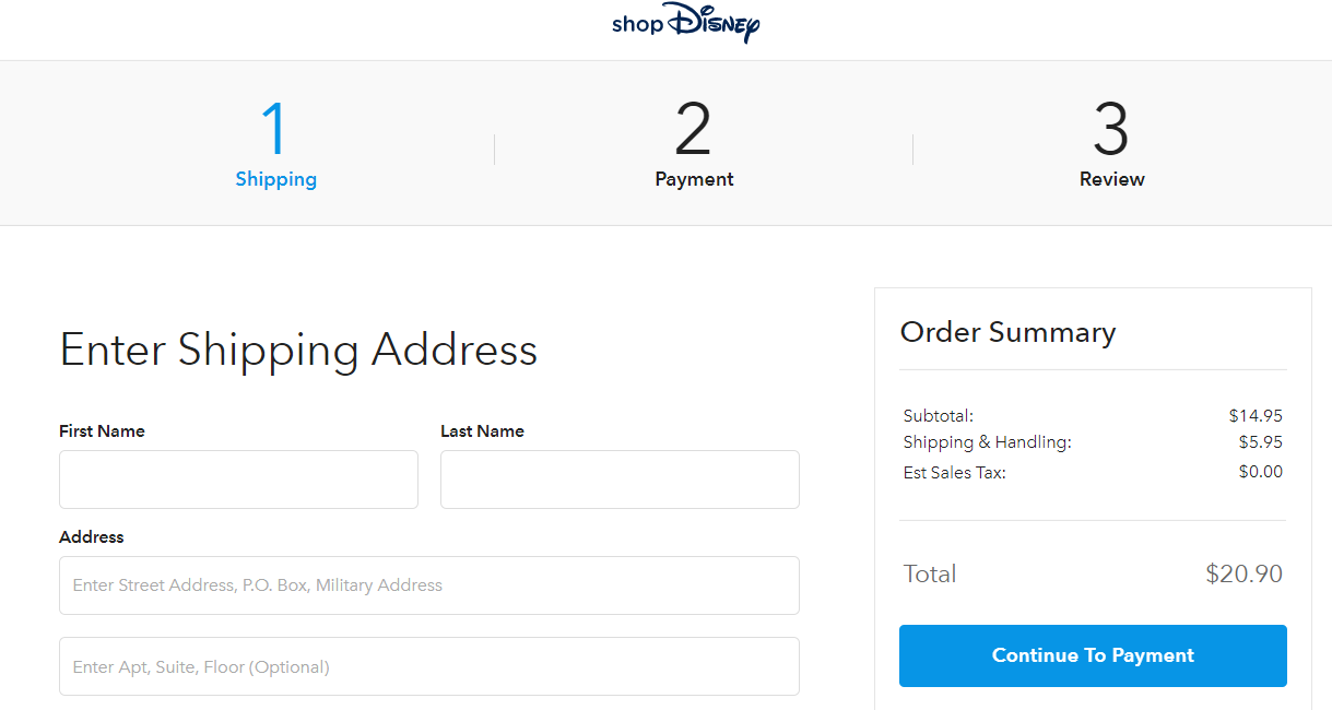 Disney Store结帐第一步:输入个人姓名地址
